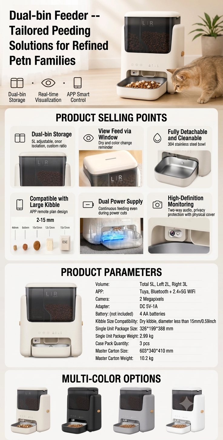 Vensp dual-bin smart pet feeder features, specifications, and color options